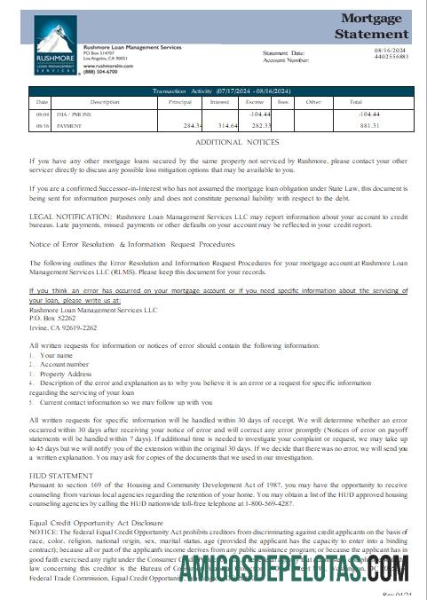 Declaração de hipoteca da USA California Rushmore Loan Management Services LLC, 3 páginas, 3 Scr exemplo